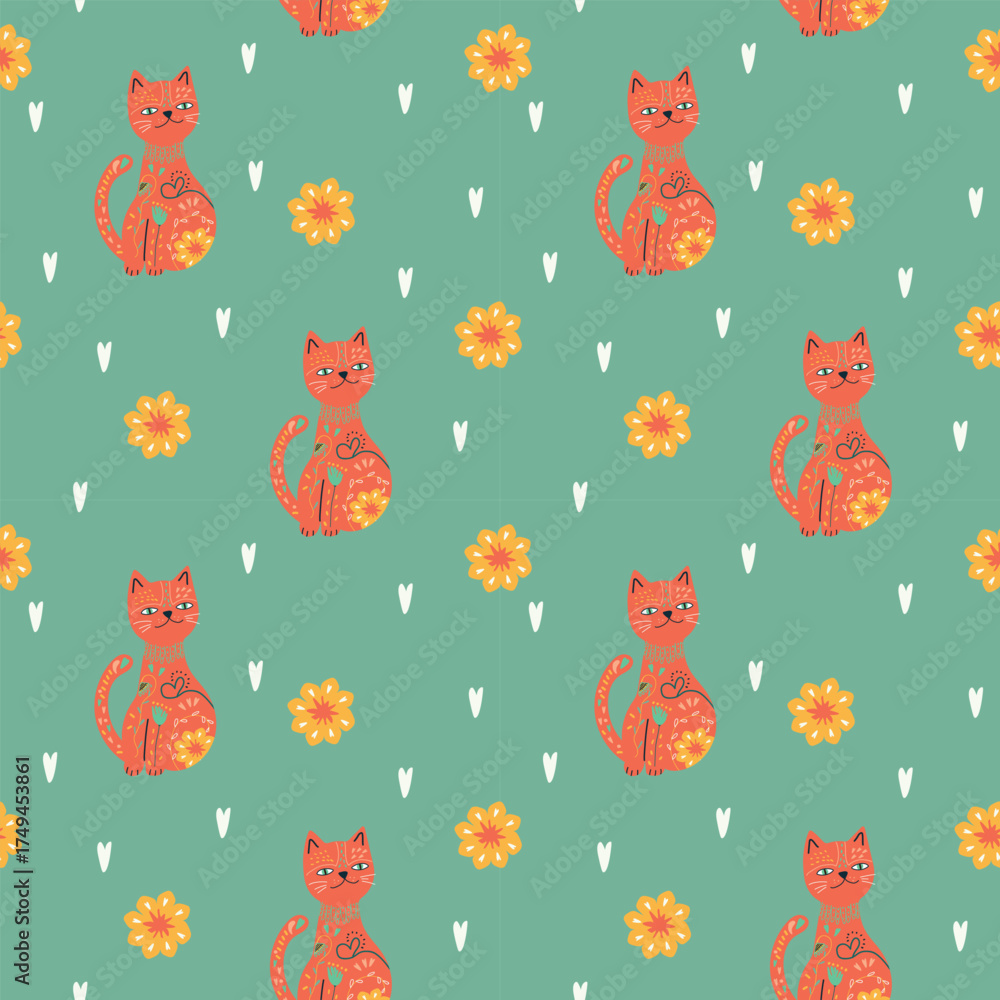 Fototapeta premium Bohemian cat floral pattern, cute folk art wallpaper, mid-century modern decorative fabric design