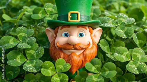 Leprechaun character smiling amidst shamrock leaves close up