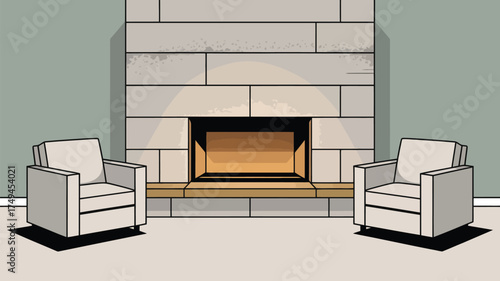 A living room with two chairs and a fireplace made of stone in a cartoon style illustration art