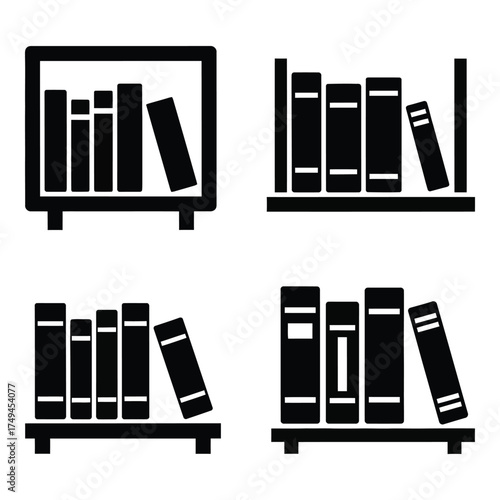 Four distinct bookshelf icons depicting various arrangements of books stacked in a clear and simple graphic style silhouette