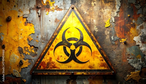 Biohazard symbol on rusted metal panel