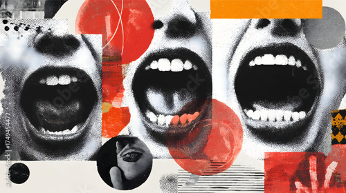 A collage of open mouths with red lips, showcasing various expressions and angles, set against a textured background