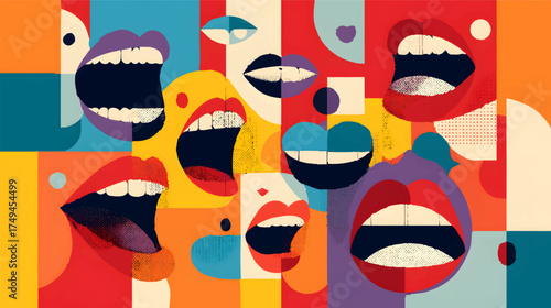 A vibrant abstract illustration featuring multiple stylized mouths in various colors and expressions, conveying emotions and communication