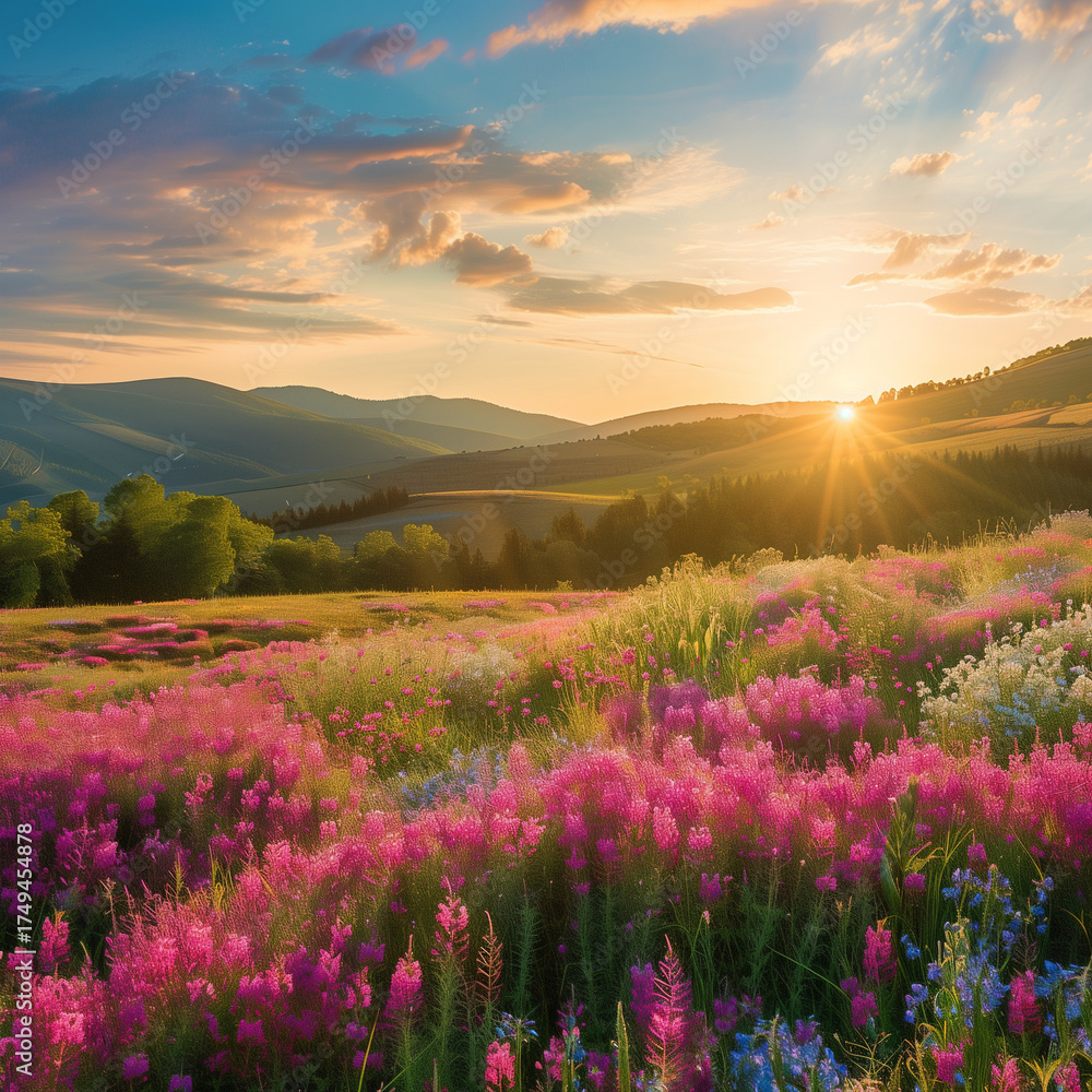 Fototapeta premium A vast field of flowers stretches as far as the eye can see, bursting with vibrant colors.