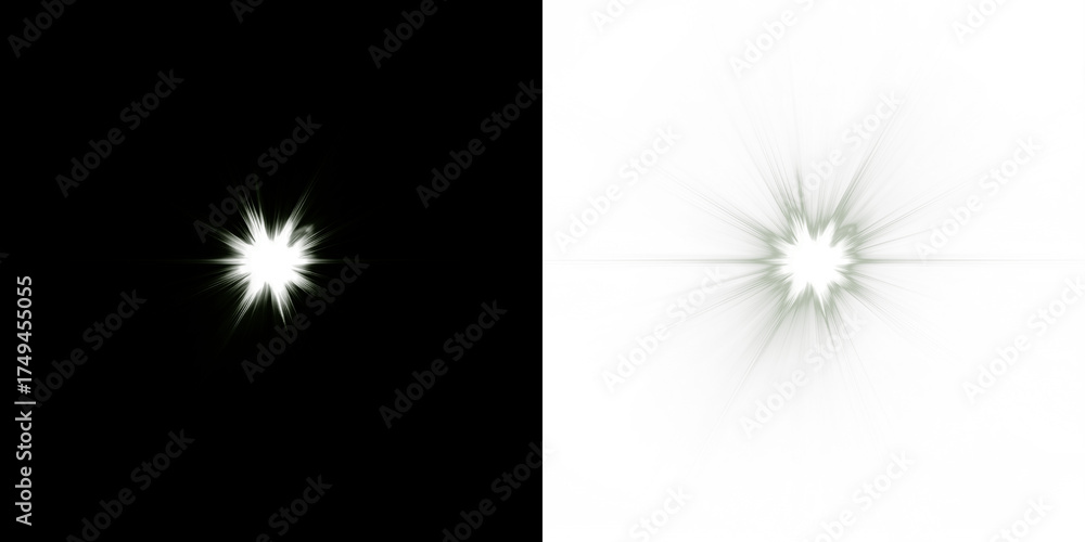 Naklejka premium Bright starburst effect overlay on contrasting black and white backgrounds, creating a dynamic visual element for design projects and artistic compositions with copy space