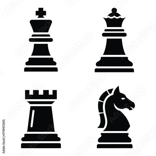 Iconic chess pieces set king queen rook knight silhouette simple graphic design game strategy element representation silhouette