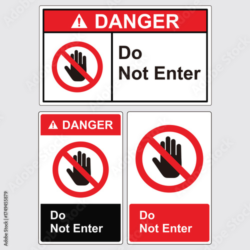Danger Do Not Enter Prohibition Sign Set With Hand Symbol And Red Circle For Safety