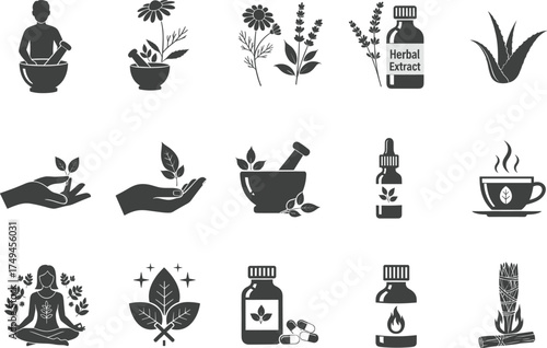 Herbal Medicine Icon Set Silhouettes, Natural Remedies, Plant-Based Health, Flat Vector Illustrations