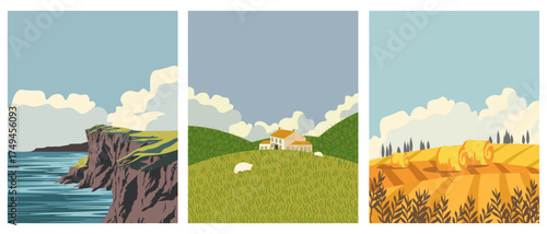 A set of summer, spring, and autumn posters, postcards, and backgrounds