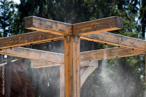 Water fogger cooling system. A device for spraying water in extreme heat to cool people.