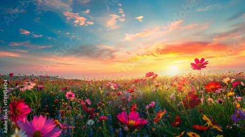 A vast field of flowers stretches as far as the eye can see, bursting with vibrant colors.