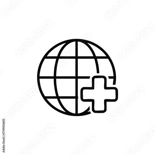 Empowering global health solutions with a modern, minimalist world icon and plus symbol, representing connectivity and positive impact