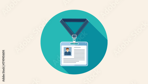 A flat design icon of an identification card or badge with a lanyard, featuring a placeholder photo and text, on a teal circle.