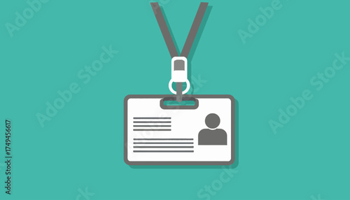 An illustration of a white identification card with a person icon and text lines, attached to a gray lanyard, set against a solid teal background.