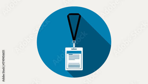 Flat design icon of an identification badge with a lanyard, on a blue circle with long shadow.