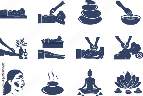 Hot Stone Massage Icon Vector Collection, Spa and Wellness Silhouettes, Relaxation Therapy, Massage Tools, Flat Black Vector Illustrations