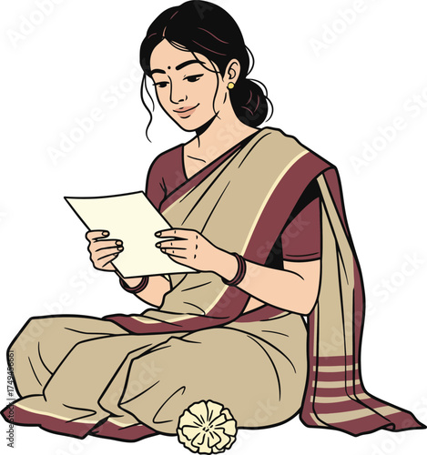 Happy South Asian Woman in a Traditional Sari Smiling While Reading a Letter at Home