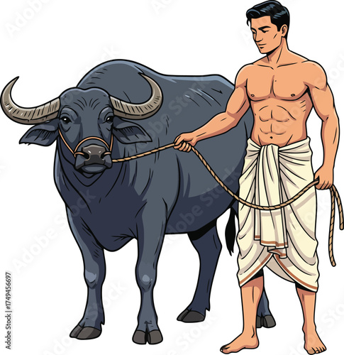 Strong South Asian Farmer in a Traditional Dhoti Leading a Large Water Buffalo Vector Illustration