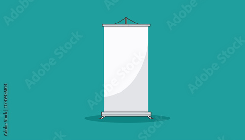 A clean, minimalist illustration of a blank, white roll-up banner on a teal background.