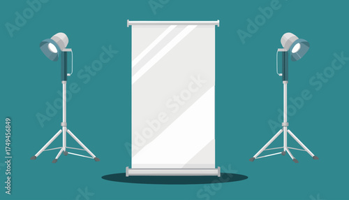 A blank white banner stands between two studio spotlights, ready for presentation.