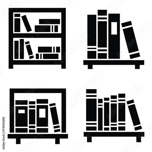 Collection of four stylized silhouette bookshelves filled with books representing knowledge and learning silhouette