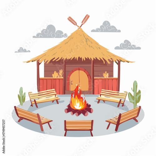 Campfire gathering with thatched hut and benches