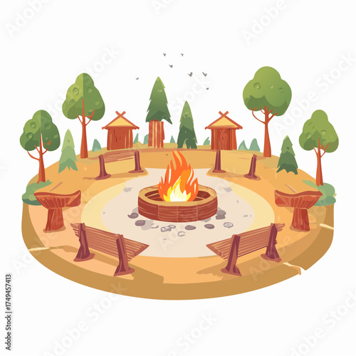 Campfire scene with huts and benches