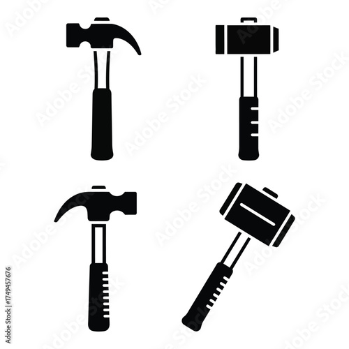 Collection of four silhouetted hammer tools including claw sledge and rubber mallet icons for design projects silhouette
