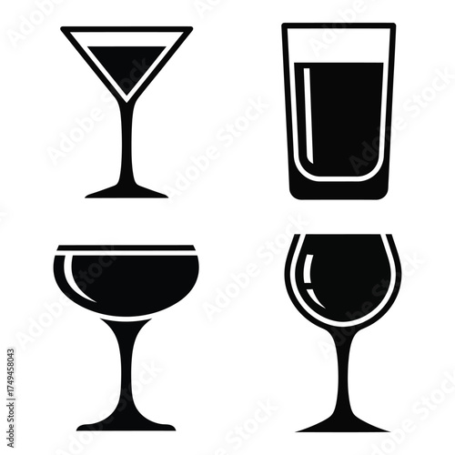 Diverse set of four silhouette drinkware icons featuring martini coupe goblet and tumbler glasses silhouette