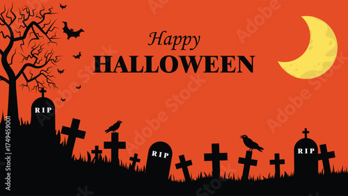 Scary Halloween Scene In A Graveyard With Dead Trees And The Moon As A Background