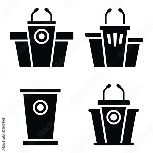 Set of four modern podium and lectern icons representing public speaking debate presentation and education silhouette