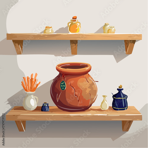 Clay pot and bottles on shelves