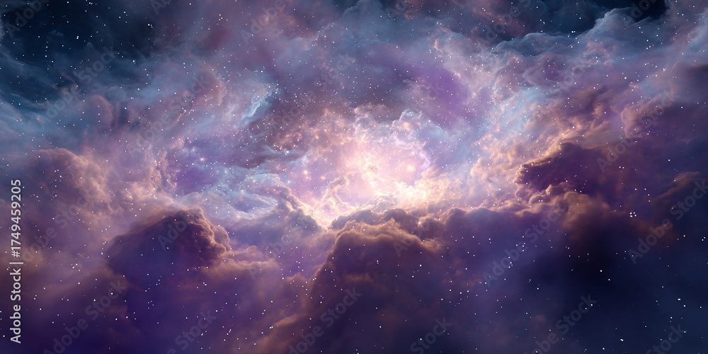 Fototapeta premium Purple cosmic nebula with glowing stars astronomy space view - AI generated