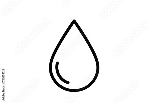 Minimalist black water drop icon on white background, symbolizing purity, hydration, and freshness for branding and design projects.
