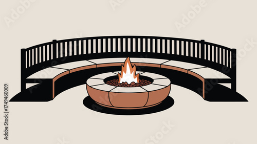 Illustration of a fire pit with flames surrounded by a curved bench with a black railing