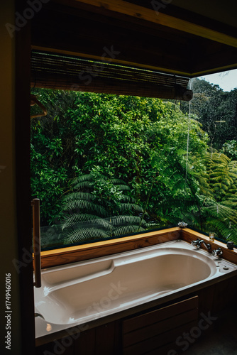 Fotografía de una bañera de madera con vistas al bosque en Coromandel Town, Waikato, en Nueva Zelanda.