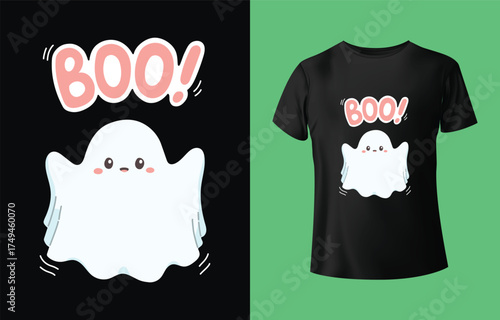 Cute cartoon ghost with the word boo on a black t shirt design and separate graphic illustration