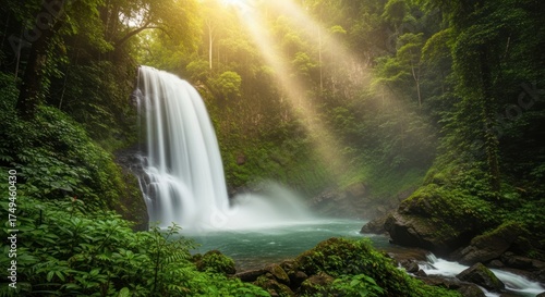 Majestic Waterfall Plunging into Turquoise Pool, Sunbeams Through Lush Green Forest
