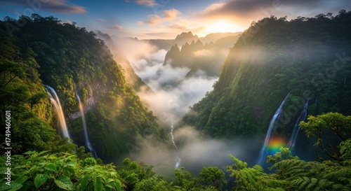 Majestic Waterfall Valley: Lush Green Mountains, Rainbow, and Misty Sunrise.