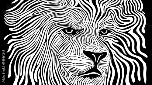 Close-up Line Art Drawing of a Majestic Lion's Face and Flowing Mane in Black and White

