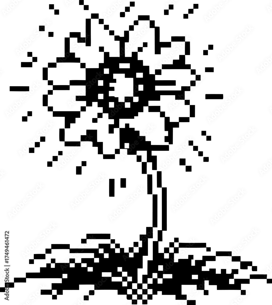 Fototapeta premium pixel art sunflower illustration with stem and soil retro digital flower icon, black and white vintage minimal design