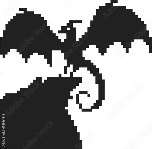 Pixel art silhouette of a dragon perched on a cliff edge, wings spread, mythological fantasy beast in retro black and white