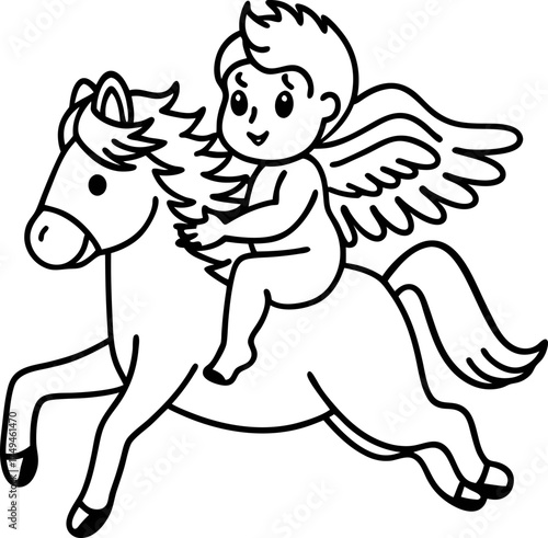 Cute winged child riding mythical horse cherub character with wings on flying pony, fantasy and imagination concept