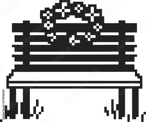 Pixel art memorial park bench with wreath and grass minimalist retro tribute design symbolizing remembrance and honor