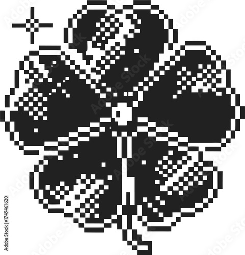Pixel art four leaf clover symbol for luck retro black and white fortunate charm with sparkling star, vintage digital illustration