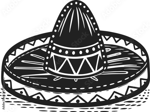 Traditional mexican sombrero with decorative patterns classic wide brimmed hat, ethnic cultural symbol, isolated illustration
