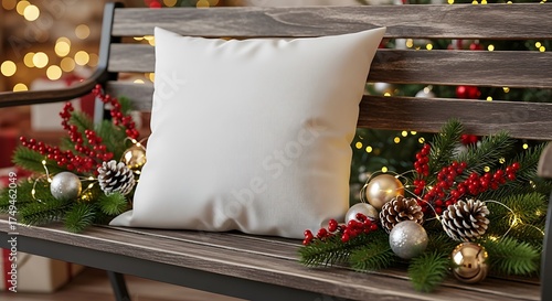 Blank white cushion mockup on wooden bench with christmas decoration and blurred lights