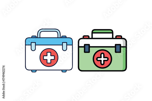 Two first aid kits in blue and green cartoon style silhouette