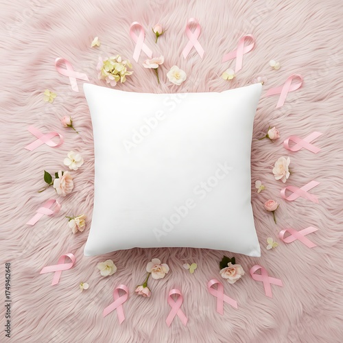 Blank white pillow surrounded by pink ribbons and small flowers on a textured surface