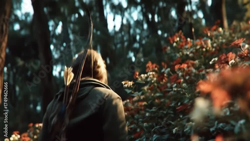 Person in forest looking at flowers with bow and arrows